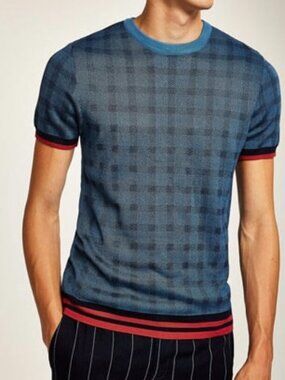 TOPMAN Sz M Blue Check Tip­ping Sweater Knit Shirt Stretch Short Sleeve Pullover